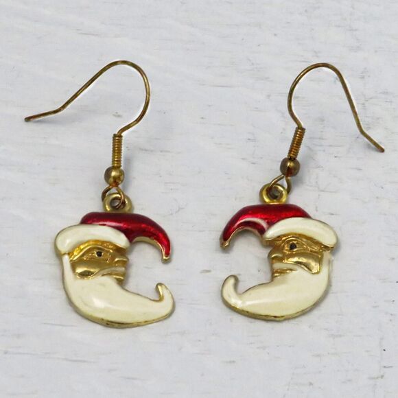 Santa Dangle Earrings With French Hooks and Gold Toned Background for Christmas - Picture 1 of 6